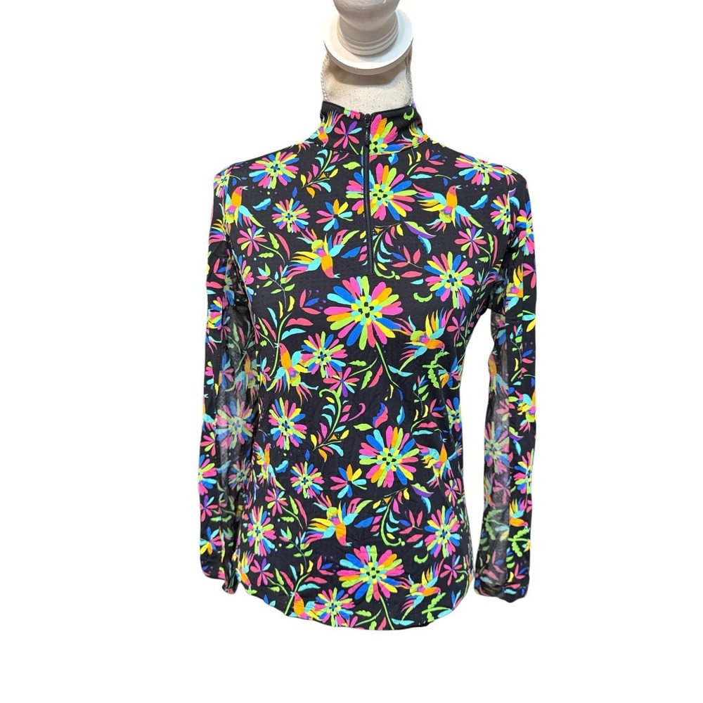 Ibkul Sz XS Estela Print Black Floral Long Sleeve Quarter-Zip Sun Shirt UPF 50+